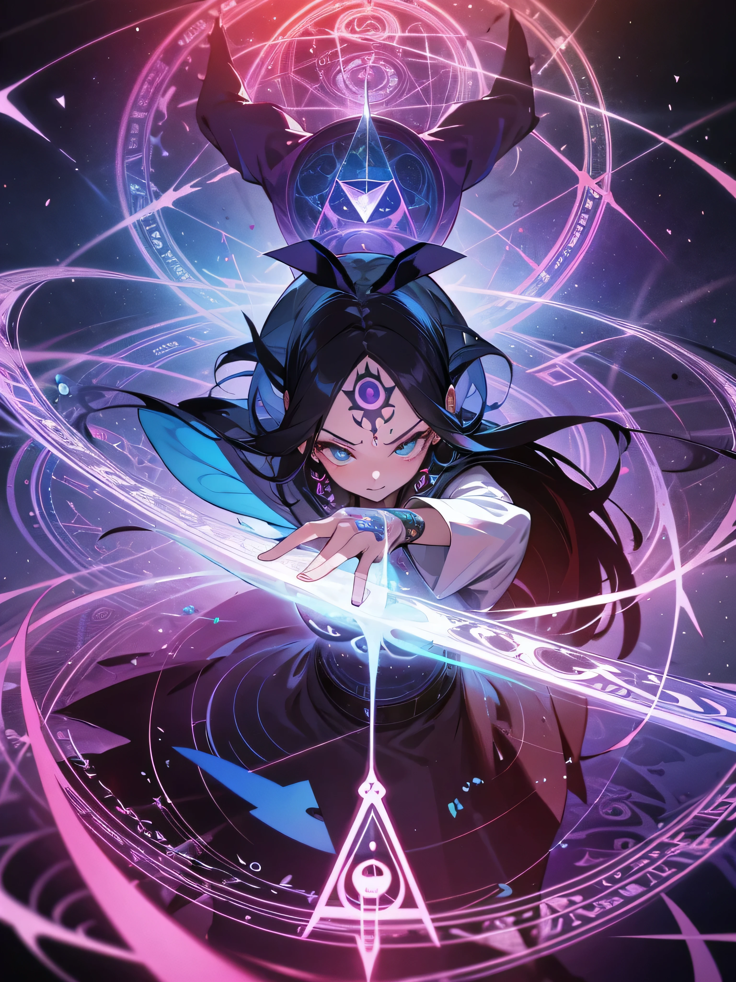 1 adult woman, vivid color, magic circle in the background, vividly depicted painting, (geometry tattoo), (cinematic), elaborate, magical power, detailed magic circle,