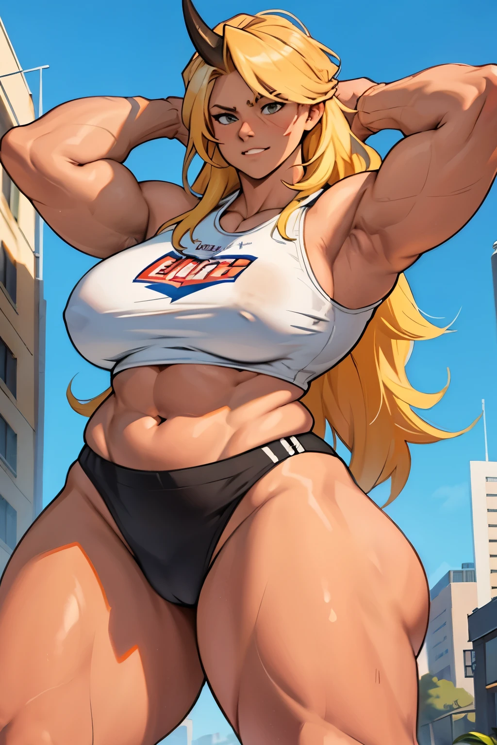 Mujer vaca musculosa, blond hair, con pechos gigantes enormes grandes grandes grandes grandes, con muslos masivos fornidos musculosos grueso grueso grueso grande grande grande, con ropa deportiva apretada, de pie, en la ciudad