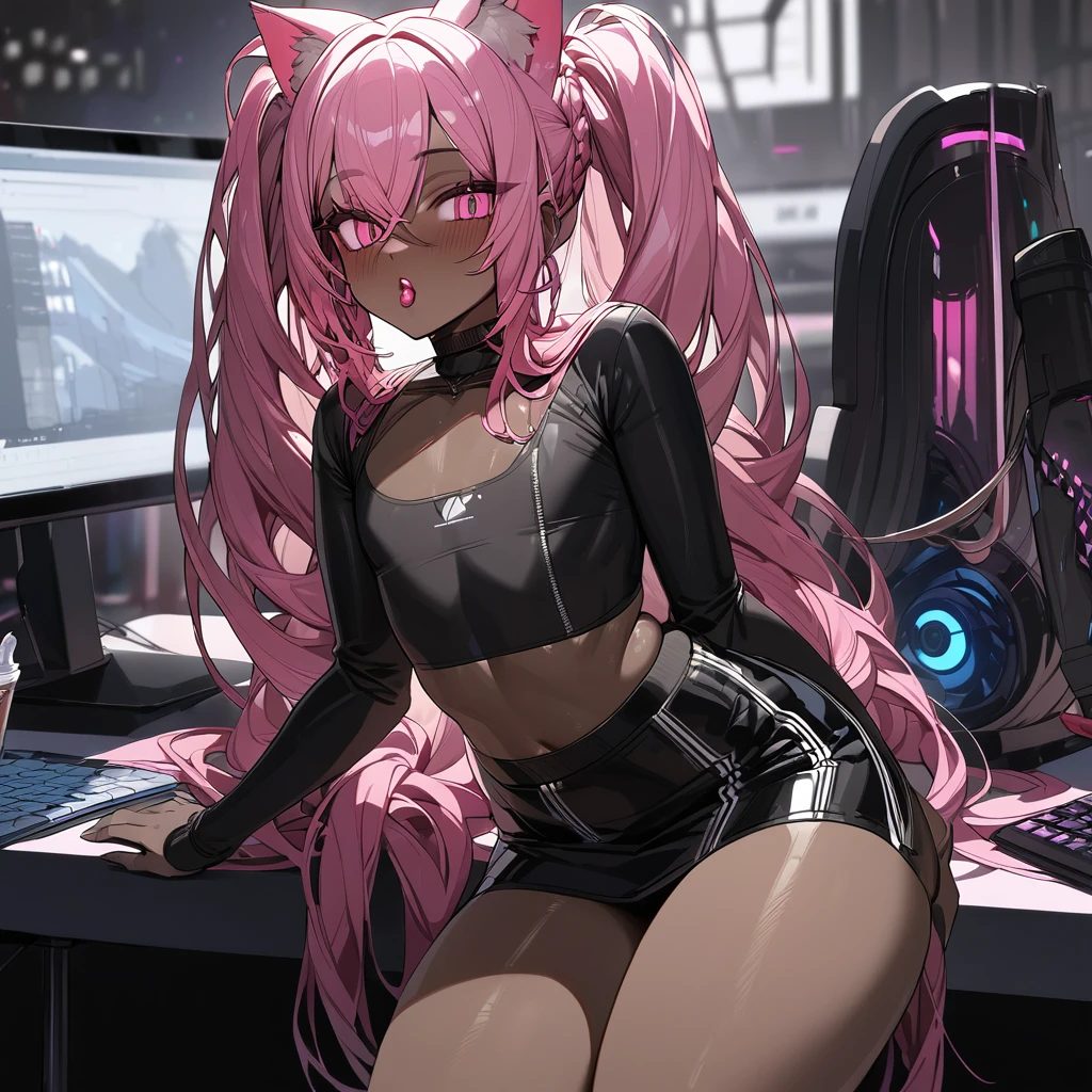 Best quality, highly detailed, ultra detailed, 1 very Dark brown skin boy, chocolate skin, flat chest, male chest, curvy body, long dreadlocks, pink dreadlocks, pink eyes, cat ears, lipgloss, wearing black long sleeve crop top, mini skirt, booty, computer setup background