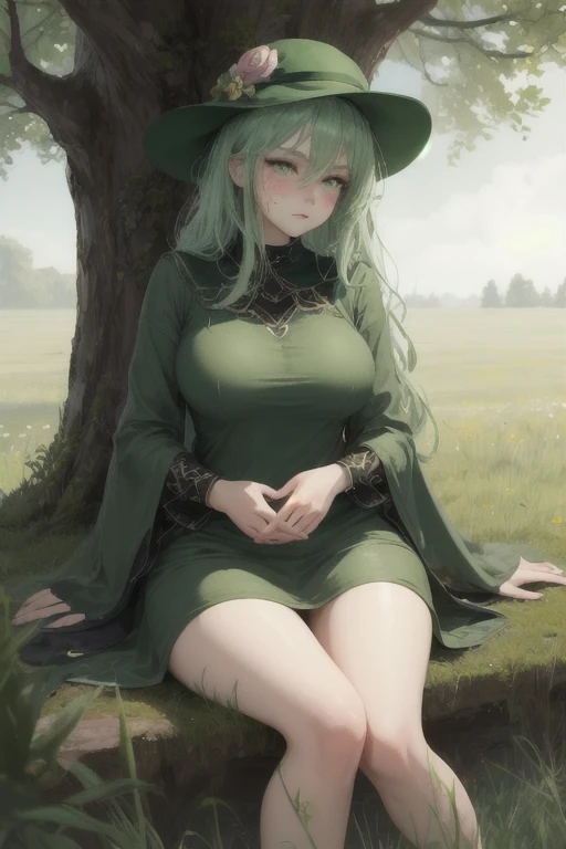 masterpiece, best quality, slim3, green skin, slime girl,blush on face,green hat,green dress,big breasts,sitting on block, grass, trees, field, nervous, furrowed brow