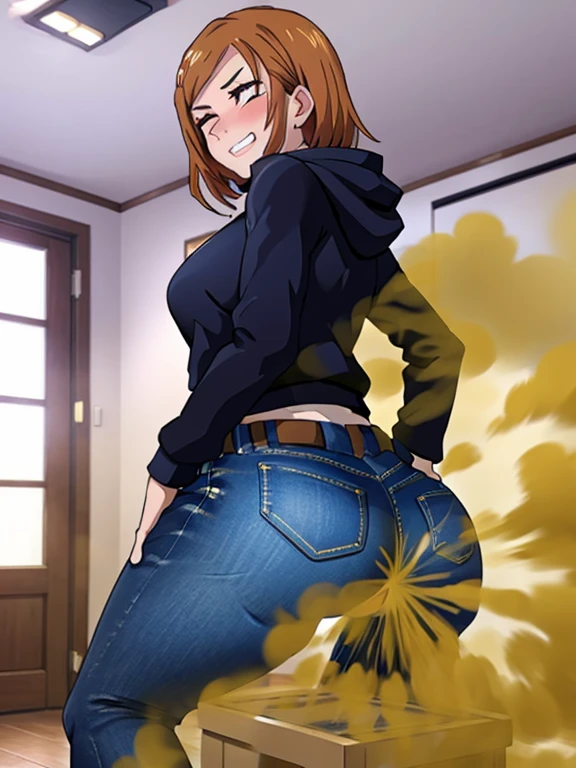 HD, high quality, high resolution, ultrahd, Nobara Kugisaki, 1female, wearing default outfit, dark hoodie, white jeans, default hair, brown hair, very tall body, thin body, massive fart, yellow smoke, velocity, closed eyes, forcing, struggling, struggle face, blush leaning, viewing ass, embarrassed, smiling, clenching teeth, alone in a room, beautiful lighting, highlights