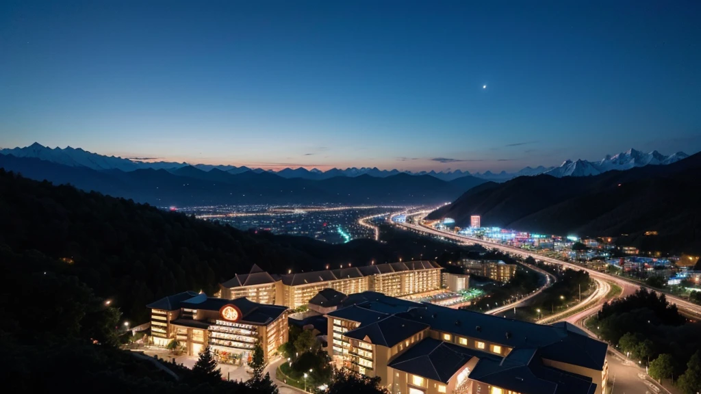 Night view of mountain resort and resort hotel