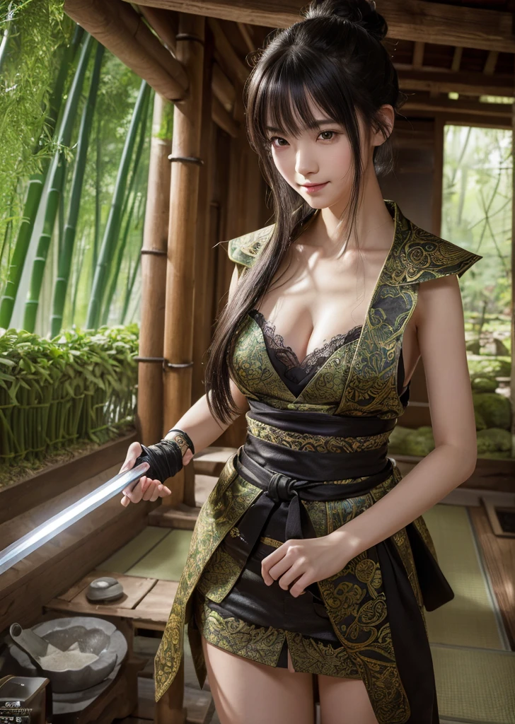 (Realistic, photo-Realistic:1.37),(8k, RAW Photos, Highest quality, masterpiece:1.2), cute, Super detailedな, 超High resolution, Kodak Vision Color, Filmed with an Arricam LT camera,Highest quality, sexy、Nipples are visible、Cleavage、Lively, 8K, High resolution, 1 girl, Escape, (Professional Lighting), (Portraiture:0.6), Moss-covered Japanese garden、bamboo forest、bamboo forestの中を駆け抜ける、moonlight、Tie your hair up、Bun Head、Japan House、Ninja House、Smile、Black Hair, (Medium Hair),21 years old、slender、With a ninja sword、Japanese,Medium Hair、若いJapaneseの女の子, warrior, Evil look,,Combat Stance, Swinging a Sword, Very detailed, Full body image, Vibrant appearance, Creative Action, Very detailed, Imaginative, Sensual, Voluntary, Highest quality, Skin Texture, Intricate details, (Cinema Lighting), RAW Photos, 8k, masterpiece,Highest quality,Super detailed,Very detailedイラスト,Very detailed,Intricate details,High resolution,Very intricate details,Very detailed 8k cg wallpaper,