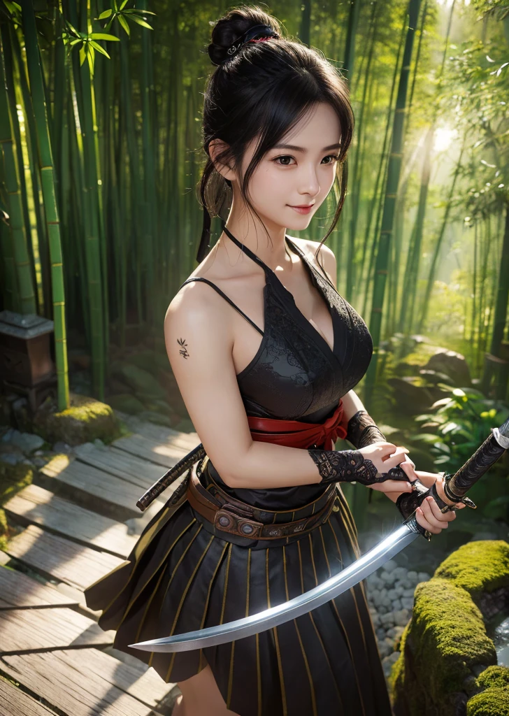 (Realistic, photo-Realistic:1.37),(8k, RAW Photos, Highest quality, masterpiece:1.2), cute, Super detailedな, 超High resolution, Kodak Vision Color, Filmed with an Arricam LT camera,Highest quality, sexy、Nipples are visible、Cleavage、Lively, 8K, High resolution, 1 girl, Escape, (Professional Lighting), (Portraiture:0.6), Moss-covered Japanese garden、bamboo forest、bamboo forestの中を駆け抜ける、moonlight、Tie your hair up、Bun Head、Japan House、Ninja House、Smile、Black Hair, (Medium Hair),21 years old、slender、With a ninja sword、Japanese,Medium Hair、若いJapaneseの女の子, warrior, Evil look,,Combat Stance, Swinging a Sword, Very detailed, Full body image, Vibrant appearance, Creative Action, Very detailed, Imaginative, Sensual, Voluntary, Highest quality, Skin Texture, Intricate details, (Cinema Lighting), RAW Photos, 8k, masterpiece,Highest quality,Super detailed,Very detailedイラスト,Very detailed,Intricate details,High resolution,Very intricate details,Very detailed 8k cg wallpaper,
