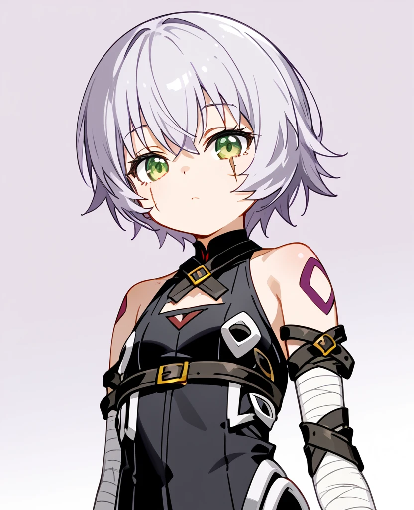 masterpiece, Highest quality, score_9, score_8_superior, score_7_superior, One girl, alone, Jack the Ripper \(destiny/Outer Codex\), close-superior, Portraiture, short hair, Grey Hair, Green Eyes, scar, 右目のscar, Wound on the left cheek, Shoulder Tattoo, bandage, bandageを巻いた腕, arm belt, belt, No sleeve, Fingerless gloves, One-handed gloves, neutral, Expressionless, Are standing, Arms at your sides, superiorper body, Bottom view, View your viewers, White Background, Simple Background