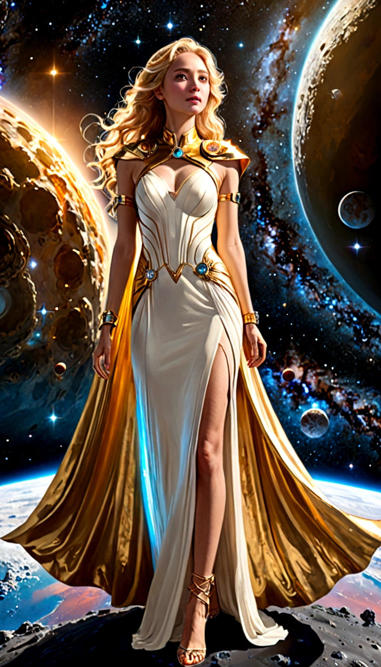 (masterpiece、Highest quality、High resolution、8k)、((Alone in space、Beautiful Goddess、Standing posture))、(whole body)、Golden Cape、White long dress、No sleeve、Gold Bracelet、Blonde Hair、Beautiful brown eyes、Graceful operation、Professional Lighting、The universe is full of light、Countless stars and nebulae、