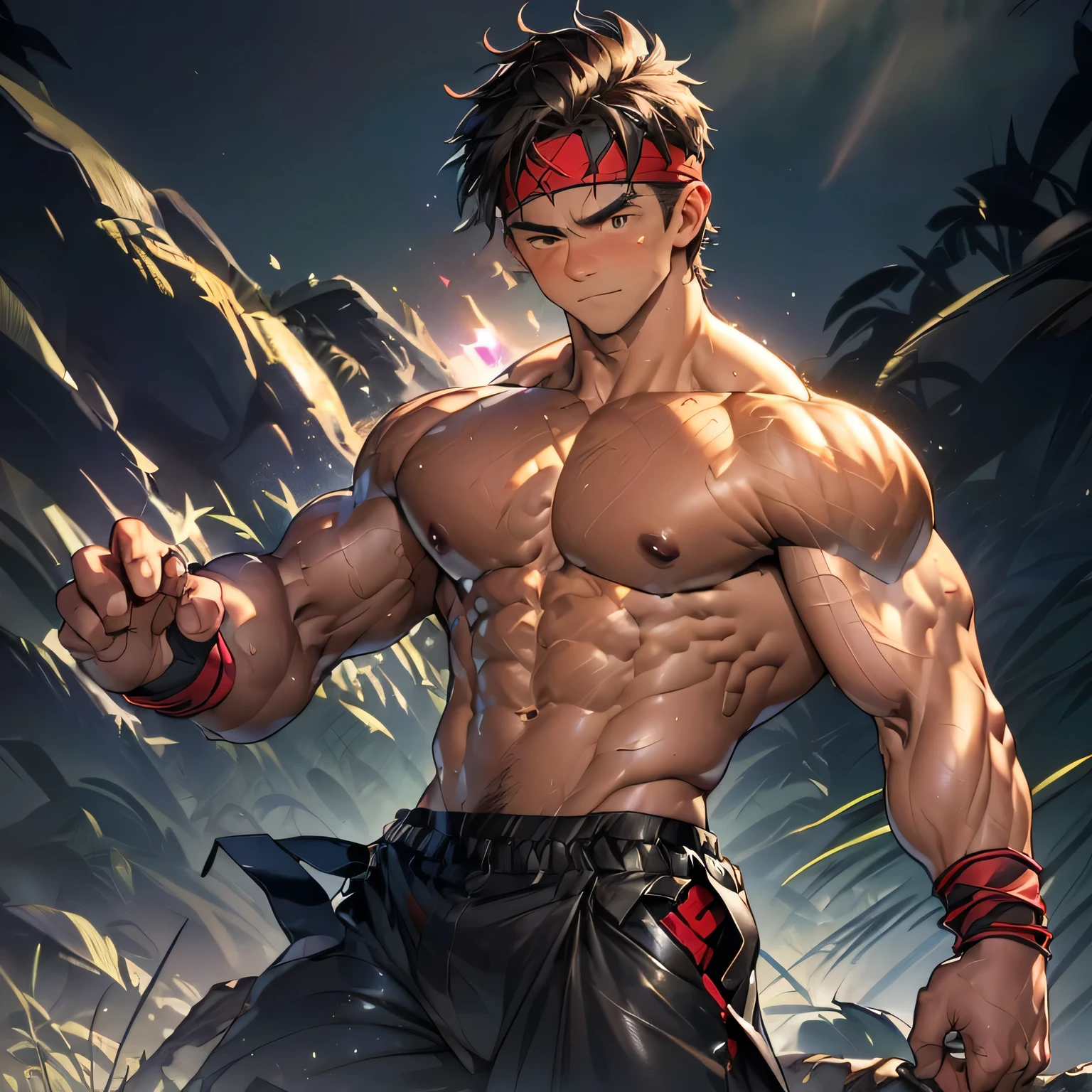 (Masterpiece, Best quality 19 year old boy, black background, cowboy shot, looking away), solo, Young, boy, muscler, Shirtless, topless, (Dark Short straight hair, under cut, brown eyes), (red headband, ((leather fingerless grobe, black wristband))), (((trapezoid torso, beefy body, defined round beefy pectorals, defined washboard abs))), Vivid colors, muscler!, muscler, muscler body, detailed face, detailed muscle, (((A magical mystical glowing aura, cosmic power glowing and flourishing, rippling muscles, fighting pose, struggle, combats)))
