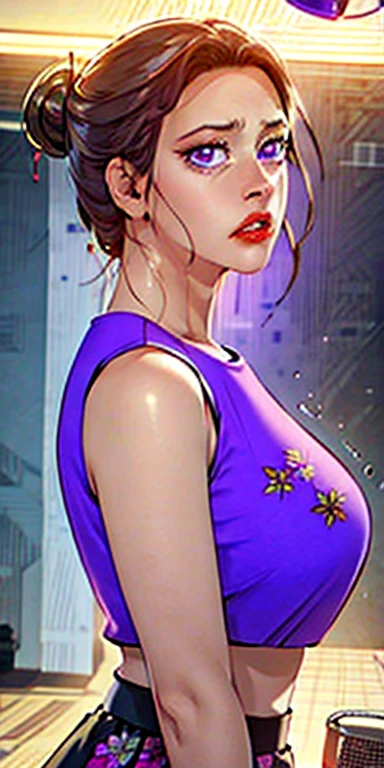 masterpiece:1.5, best quality:1.5, Aesthetic, 1 Girl, Side lock, light, Clear focus,large breast , Mature female, Horny ,16K, Glowing eyes, Detailed 4k eye,
playground,,Sexy lips, Open your mouth,Delicate lips,
Red lips, High Detail Background,((Big purple eyes)), Delicate face,Glowing skin,
auntjunev2,aunt,,Hair Bun, Bangs, Messy hair, 
Pink skirt, Solitary, Brown hair, breast, sleeveless, Looking at the audience, large breast, Bag, Brown eyes, shirt, Keep,Black floral print skirt, Bare shoulders, indoors,Red sweater, short hair, shirt tucked in, 
