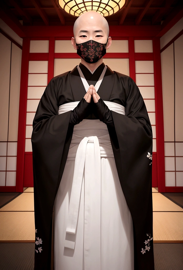 Create an image of a mysterious monk in a traditional Japanese setting. The monk has a white, painted face with intricate black markings, giving him an eerie and otherworldly appearance. He is wearing a black kimono with intricate floral patterns and is standing with his hands pressed together in a prayer position. The background is a dimly lit, traditional Japanese room with various decorations on the walls, adding to the mystical atmosphere.