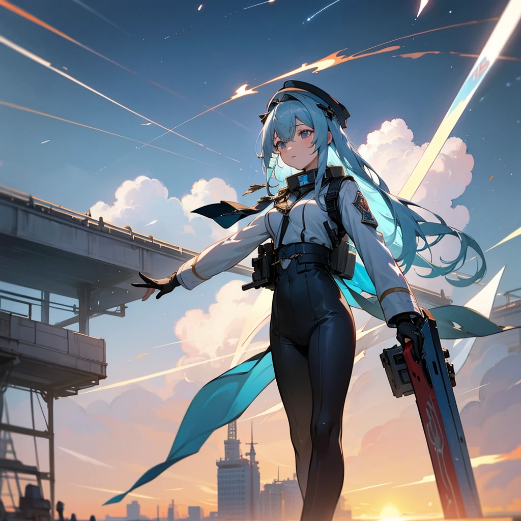 Faded blue hair　{Blue Noah from Space Battleship Yamato} girl　military cap(white) whiteと黒の軍服　Endless city background　sunny　cool　tall　Warrior　Body left、The face is facing forward　Carrying the equipment　He holds a long sword in his left hand　Near future　B Cup　There are two shooting stars　night　night景　Beautiful city　An elevated bridge runs through the middle。　girlにクローズアップ　Highest quality　Ultra-precision　The right eye is red、Left eye is blue　左目は青whiteく発光しています　With airplane wings on his back。　Personification of flying machine　{Boeing 747} Anime Style　Highly precise CG