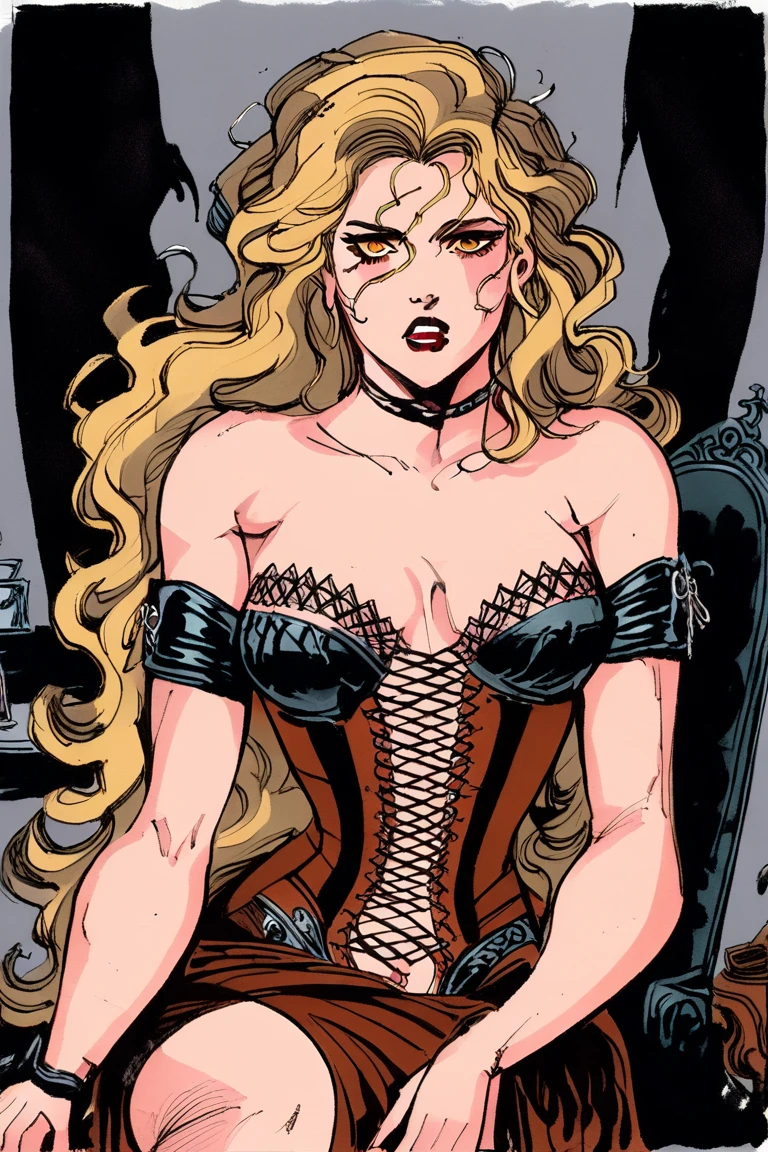 1girl, solo, looking at viewer, blonde long hair, wearing a corset, big ass, brown eyes, upper body, grey background, normal tits, lips, realistic, , carnaval, chica en silla de ruedas, portrate, ilustration