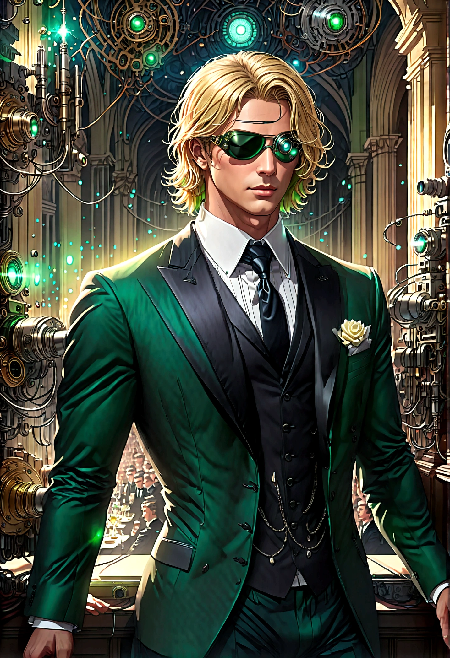 Arafed a picture of a human male spy, wearing dark suit, wearing mecha eye patch, exquisite beautiful male, blond hair, short crop hair, green eyes, eye patch has intricate mechanical part in it, high society gala event background, (Masterpiece: 1.5), 16k, highres, best quality, high details, ultra detailed, masterpiece, best quality, (extremely detailed), 