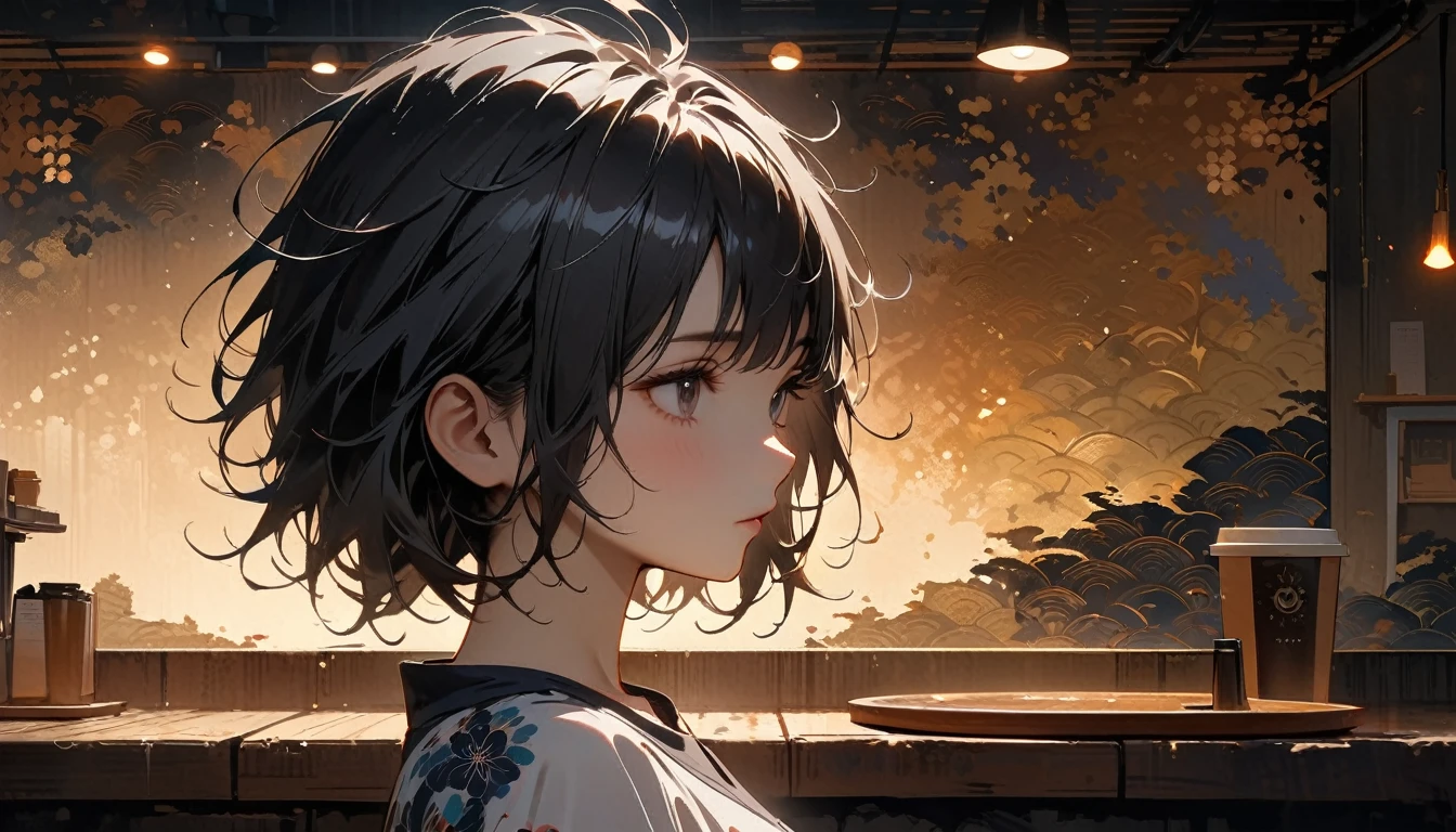 (((from behind))), (((whole body))), (((Rooftop))), ((8k of extremely detailed CG unit, Masterpiece, high resolution, highest quality, highest quality real texture skin)), (((indirect lighting))), (((Cafe with a calm atmosphere))), (((Japanese pattern wall))), ((1 girl)), (Japanese pattern Tシャツ, denim), (Black hair, messy hair, beige skin), (Surreal, digital painting)