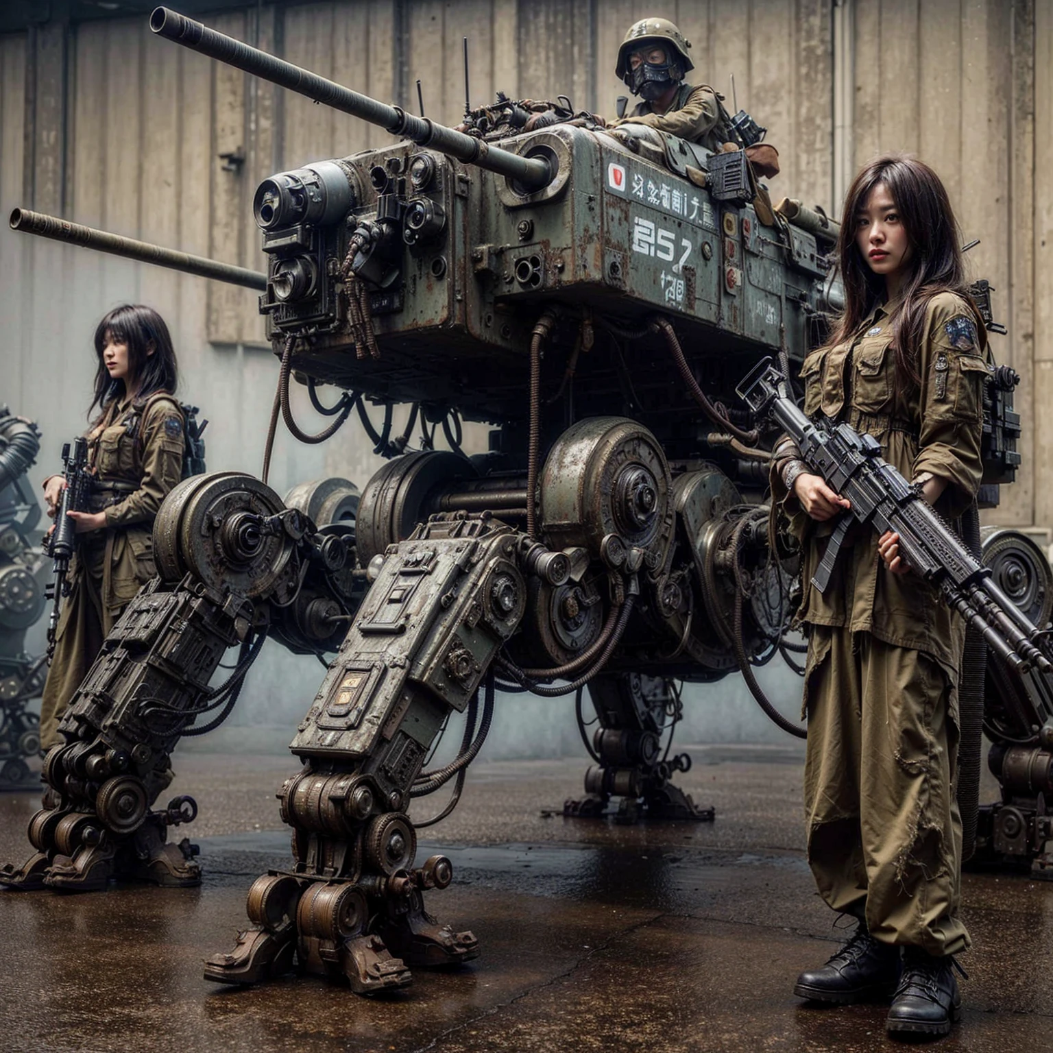 (masterpiece, best quality:1.2), (8k uhd, 16k, 32k, ultra high res), Steampunk, fictional WWII former Japanese Imperial Army armored car and cyborg Japanese female soldier, beautiful face, torn pants, dirty clothes, very intricate details, olive drab paint, peeling paint, weathering, fortress attack, realistic photo, taken with Fuji film X-T30+Nokton. HDR10