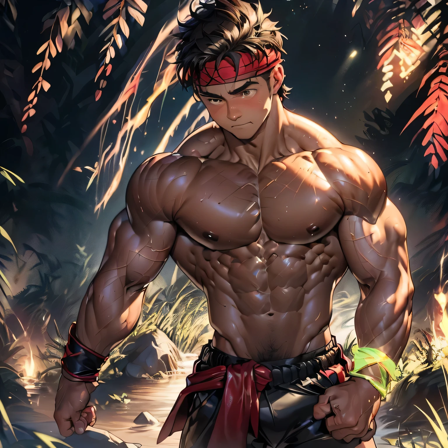 (Masterpiece, Best quality 19 year old boy, black background, cowboy shot, looking away), solo, Young, boy, muscler, Shirtless, topless, (Dark Short straight hair, under cut, brown eyes), (red headband, ((leather fingerless grobe, black wristband))), (((trapezoid torso, beefy body, defined round beefy pectorals, defined washboard abs))), Vivid colors, muscler!, muscler, muscler body, detailed face, detailed muscle, (((A magical mystical glowing aura, cosmic power glowing and flourishing, rippling muscles, fighting pose, struggle, combats)))