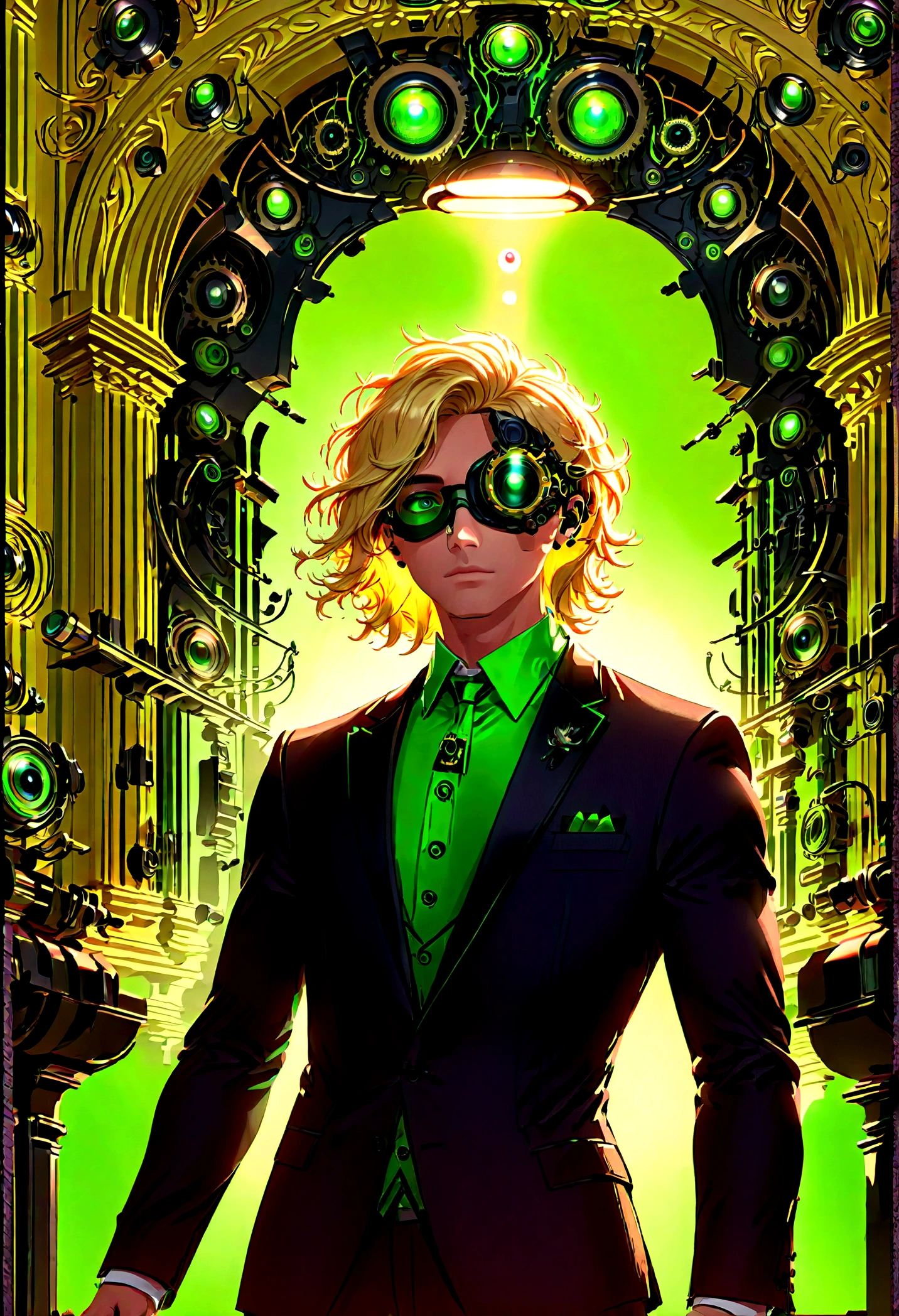 Arafed a picture of a human male spy, wearing dark suit, wearing mecha eye patch, exquisite beautiful male, blond hair, short crop hair, green eyes, eye patch has intricate mechanical part in it, high society gala event background, (Masterpiece: 1.5), 16k, highres, best quality, high details, ultra detailed, masterpiece, best quality, (extremely detailed),