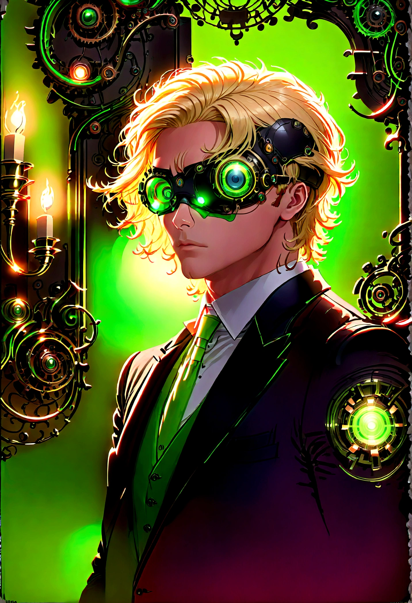 Arafed a picture of a human male spy, wearing dark suit, wearing mecha eye patch, exquisite beautiful male, blond hair, short crop hair, green eyes, eye patch has intricate mechanical part in it, high society gala event background, (Masterpiece: 1.5), 16k, highres, best quality, high details, ultra detailed, masterpiece, best quality, (extremely detailed),