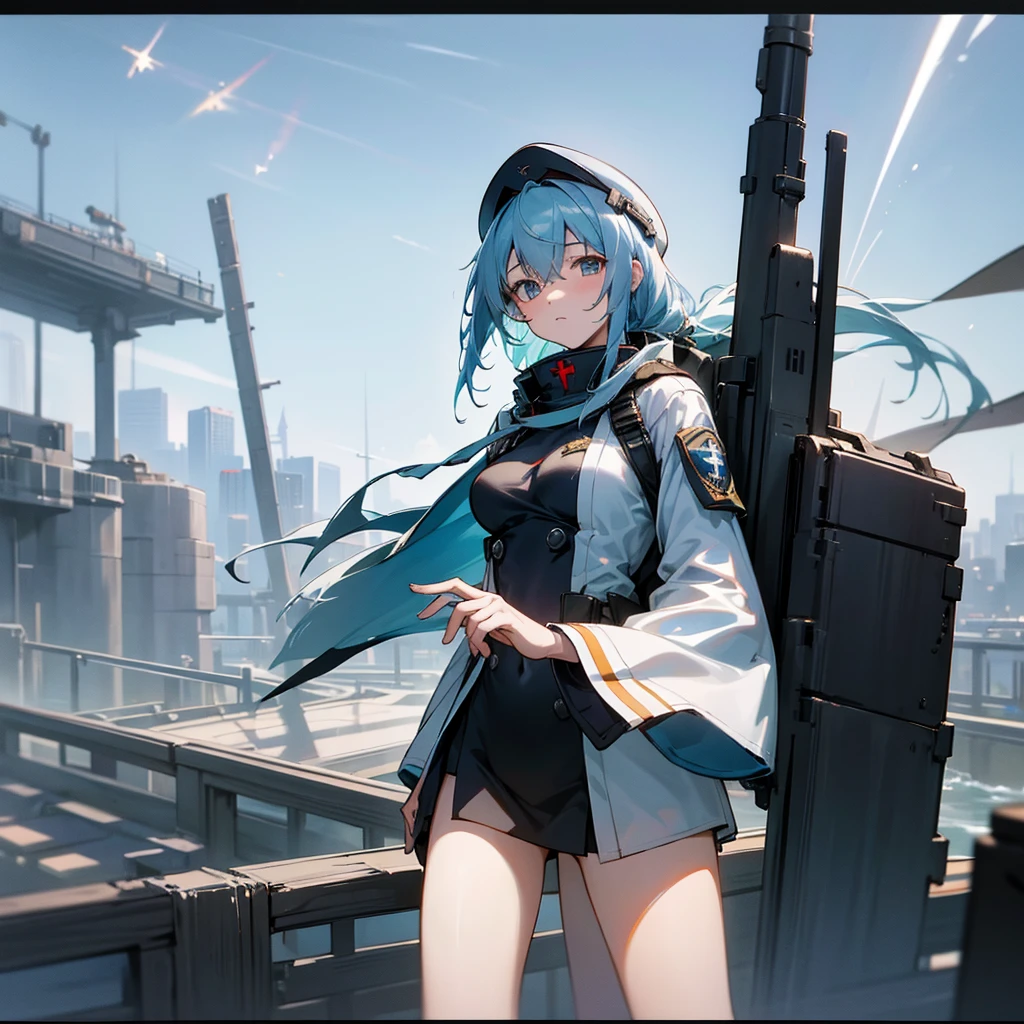 Faded blue hair　{Blue Noah from Space Battleship Yamato} girl　military cap(white) whiteと黒の軍服　Endless city background　sunny　cool　tall　Warrior　Body left、The face is facing forward　Carrying the equipment　He holds a long sword in his left hand　Near future　B Cup　There are two shooting stars　night　night景　Beautiful city　An elevated bridge runs through the middle。　girlにクローズアップ　Highest quality　Ultra-precision　The right eye is red、Left eye is blue　左目は青whiteく発光しています　With airplane wings on his back。　Personification of flying machine　{Boeing 747} Anime Style　Highly precise CG 