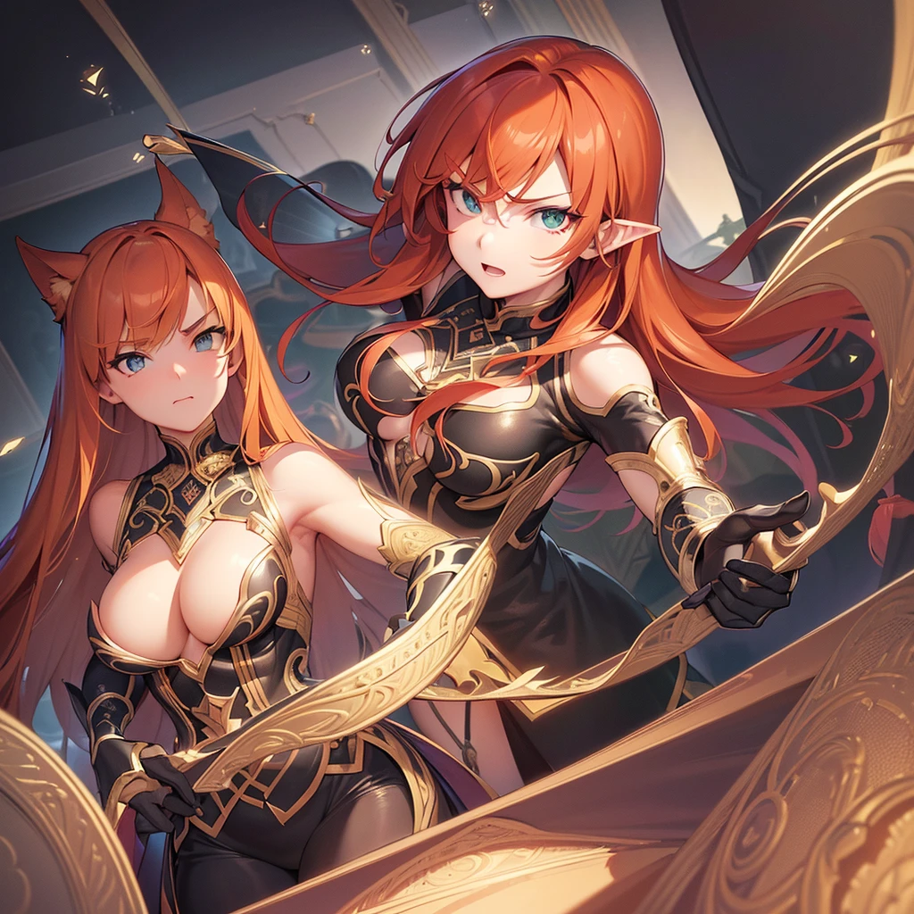 (masterpiece), (best quality), (expressive eyes), (perfect face with detailed nose and ears), (8k resolution), (HD clarity), (vivid colors), (well-detailed hands and body features), (intricately defined facial contours), (vibrant skin tones), (finely rendered hairstyle and clothing), (elaborate and immersive background), (solid silhouettes), (greatly shaped face structure), (dynamic lighting), (natural poses and body movements), (immersive depth perception), (crisp details and sharp lines), (balanced composition), (highly detailed clothing and accessories), (reflective surfaces and materials), (atmospheric effects and environmental details), (sharp focus and clear visibility), (subtle shading and highlights), (complex patterns and intricate designs), (elegant posture and graceful gestures), (rich contrasts and vibrant color contrasts), (fluid motion and dynamic poses), (artistic flair and stylistic elements), (perfect symmetry and accurate proportions), (engaging facial expressions and emotive eyes), (orange hair), (green eyes), long flowing hair, tied hair, pale complexion, defined cheekbones, smirk, sitting, gaming chair, computer, desk, mouse, keyboard streamer room, gaming poster, female clothes, (blue and magenta clothes), (good design suit), flat chested
