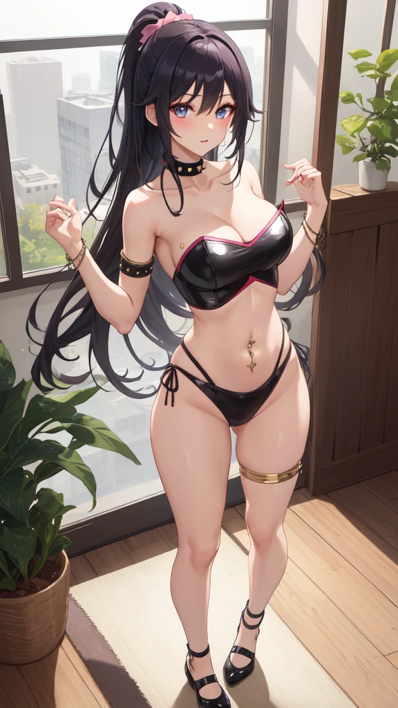 masterpiece, strapless leotard, best quality, very aesthetic, absurdres, newest, ai-generated, detailed background, indoors day, yoga studio, looking at viewer, (perfect eyes), midriff, navel piercing, spike bracelets, makeup, flats, skindentation, thighs, (cleavage), choker necklace, highleg pink cheeky, AddXL, Yoruichi,flats shoes