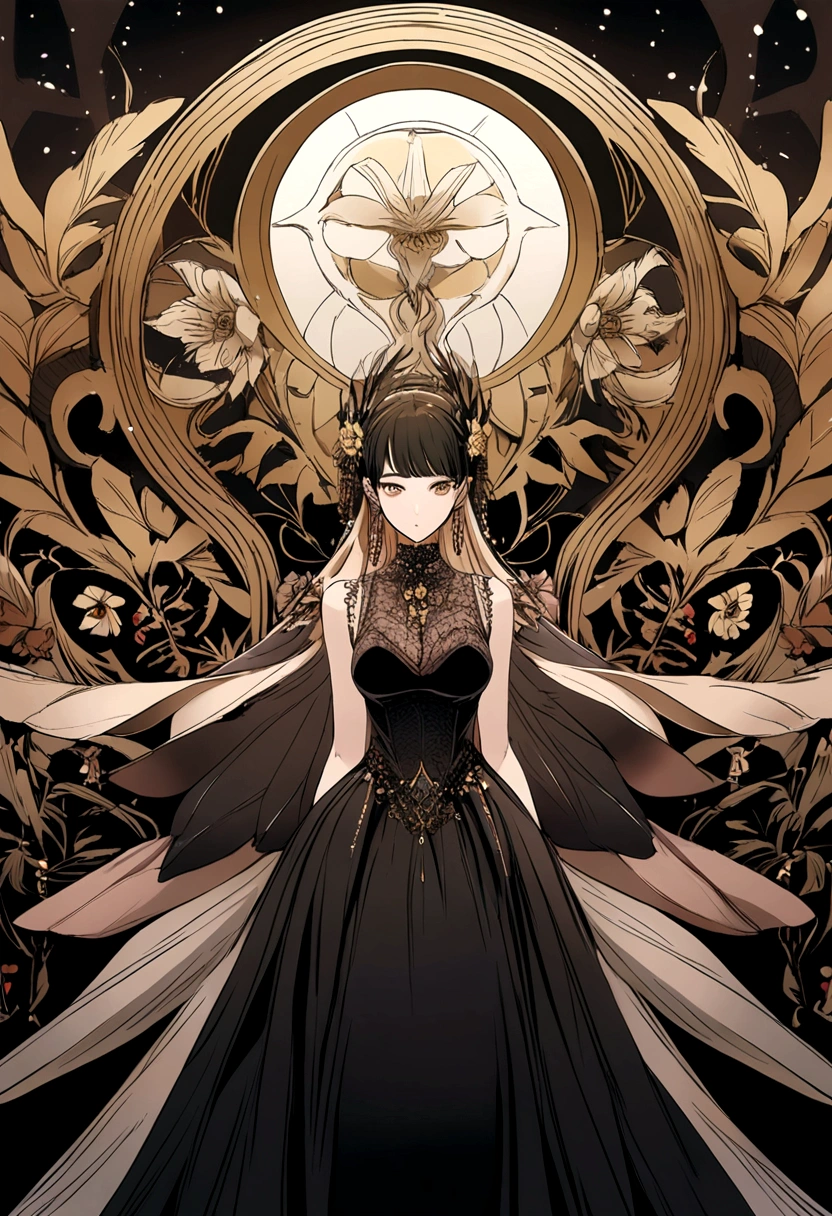 (Ashley Wood (Ashley Wood) style of:1.4),Black and gold color combination,Silhouette,动漫Silhouette风格,Flat 2D illustration,1 Girl,Cat ear,Gorgeous黑色,Gold embroidered dress,Sparkling gold,金色的圆形背景上有一些黑色的Silhouette,monochrome,Profile,90 degree tilt of neck,Face up,Oblique composition,(Extremely detailed and complex, Hyperpolarizers, elegant, Gorgeous, Surrealism, Very detailed:1.1)