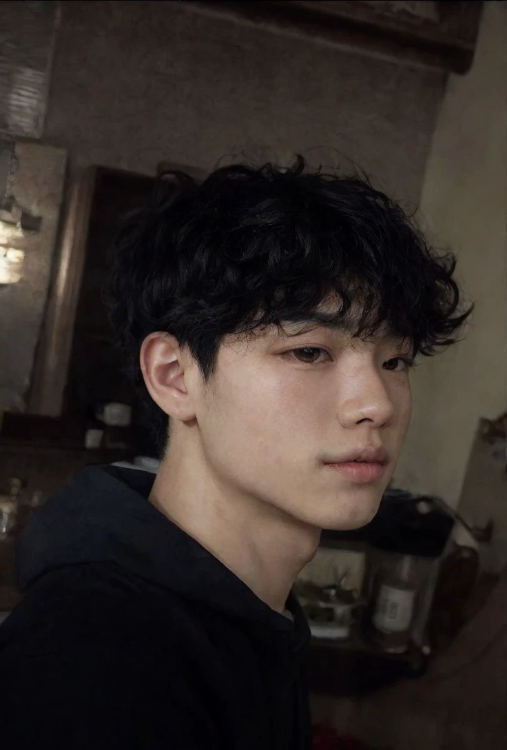 Asian boy, with curly, dark