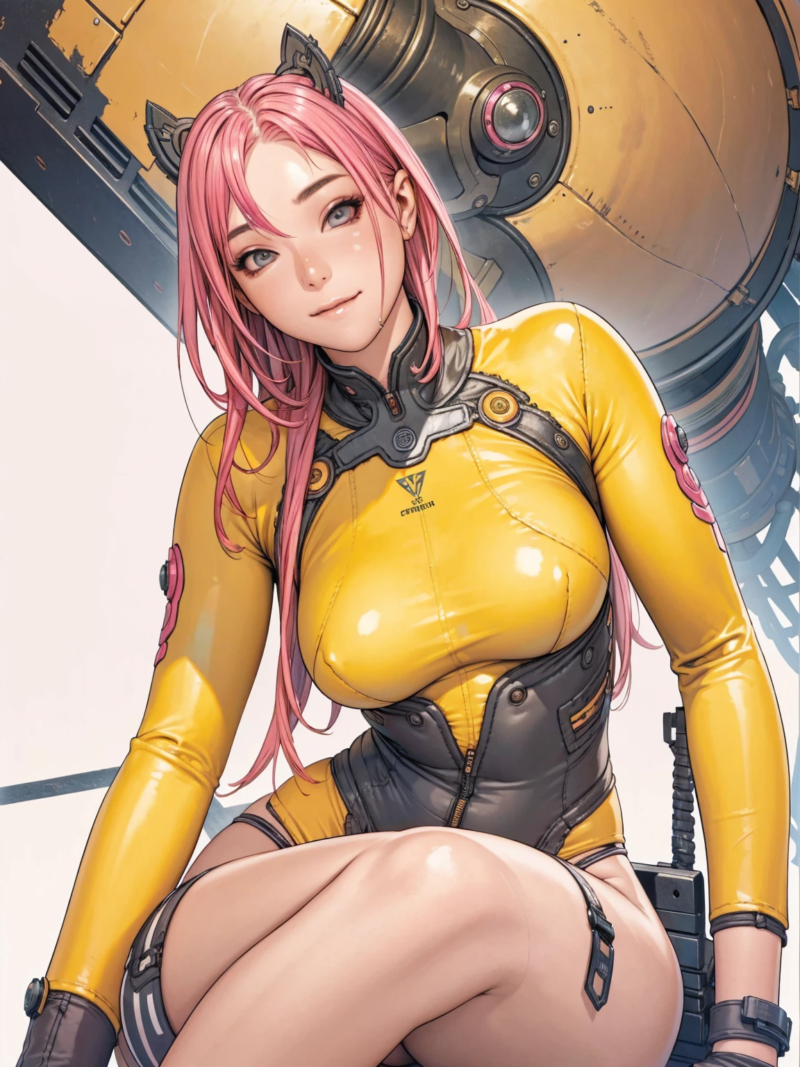 (((Golden Suit))), (((cabelo bob branco))), (((devilish smile))), (((melhor qualidade: 1.4))), (((Pink hair))), (((DuneWalker))), (((post-apocalypse))), (Unbeatable masterpiece), (hiper HD),(CG 8k hiper-realista), 1Garota armada em um mundo futurista usando roupas coloridas e modernas. Corte de cabelo ultra moderno, perfect body with robotic parts, seios grandes, bunda perfeita, muscles without exaggeration, rosto lindo com olhos azuis penetrantes, add textures to clothes and create something different from the usual, add accessories like garter belt, espartilho e luvas com listras, pele bronzeada e com brilho de molhado, industrial environment with giant heavy machines, Intricate machinery and giant robot parts