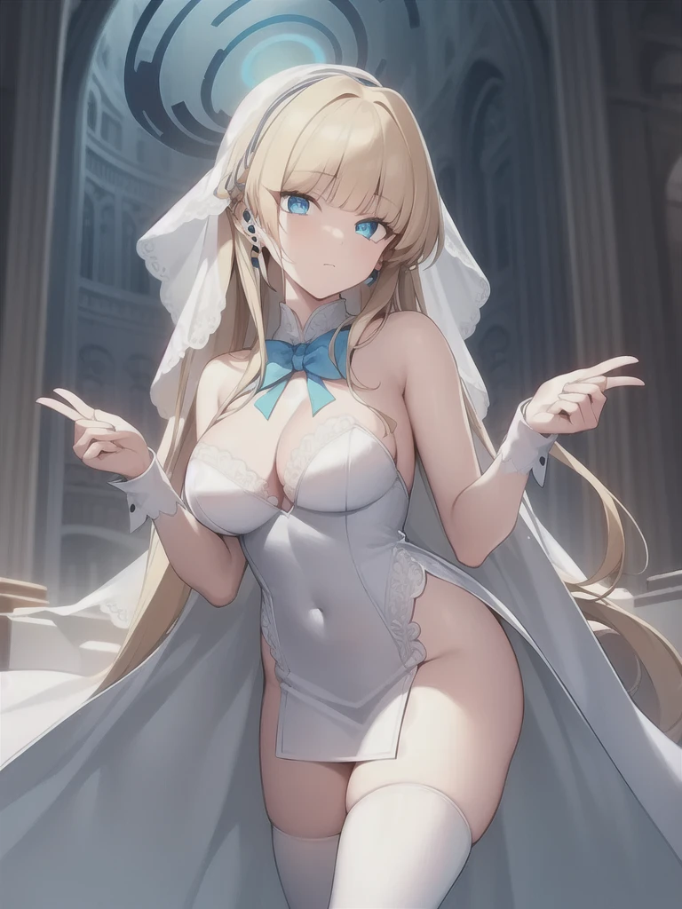 A girl，long hair, Bangs, blond hair, Hair between the eyes, (Blue Eyes:1.5),  (Large Breasts:1.2), 
rest  锁骨, Wedding dress，veil，wedding，White dress，Flowers，Broken skirt，White socks，Tights，White knee socks，
looking at viewer, whole body,
indoors, church，Standing，Standing，
rest (masterpiece:1.2), best quality, high resolution, Unity 8k Wallpaper, (illustration:0.8), (Beautiful and delicate eyes:1.6), Extremely detailed face, Perfect lighting, Extremely detailed CG, (Perfect hands, Perfect anatomical structure),