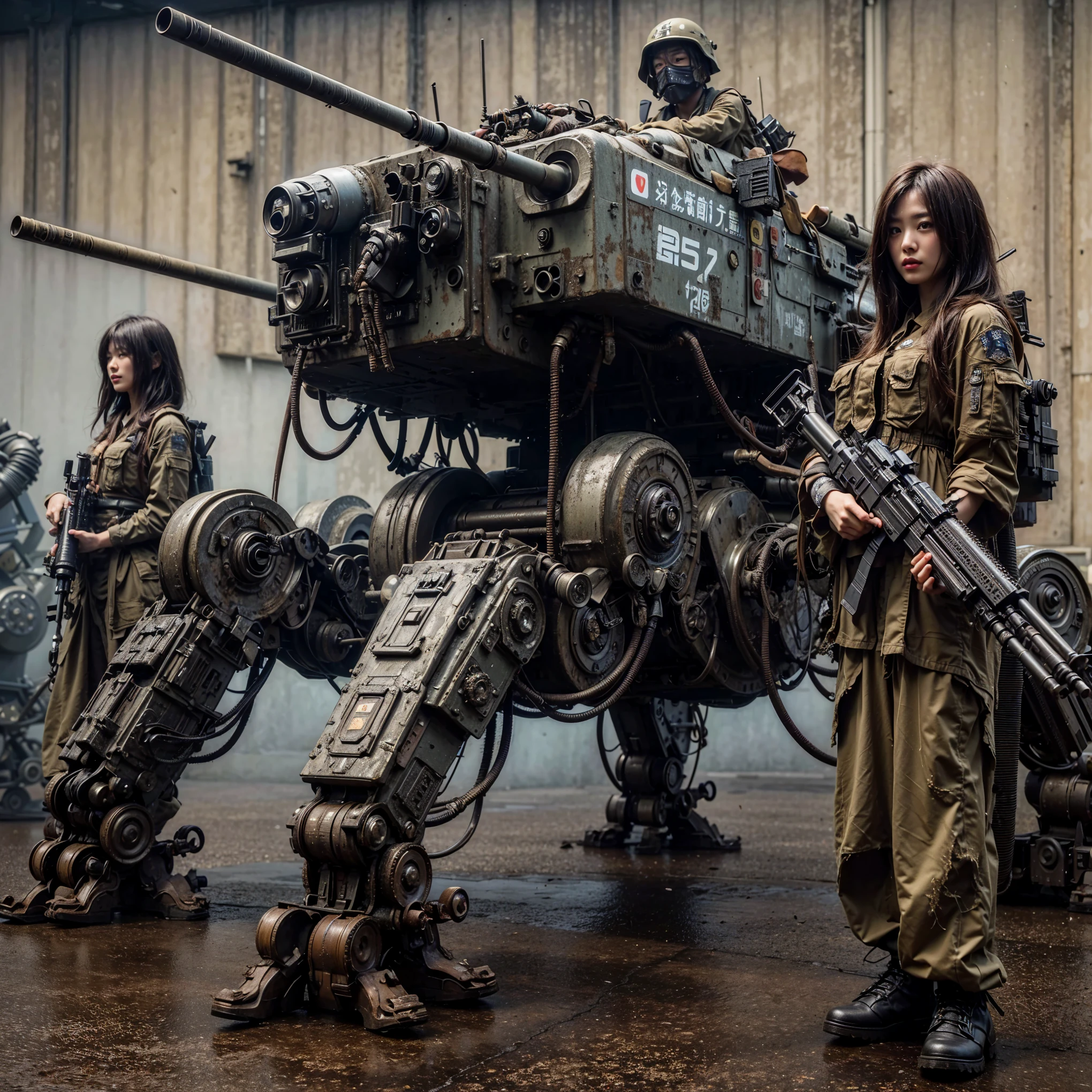 (masterpiece, best quality:1.2), (8k uhd, 16k, 32k, ultra high res), Steampunk, fictional WWII former Japanese Imperial Army armored car and cyborg Japanese female soldier, beautiful face, torn pants, dirty clothes, very intricate details, olive drab paint, peeling paint, weathering, fortress attack, realistic photo, taken with Fuji film X-T30+Nokton. HDR10
