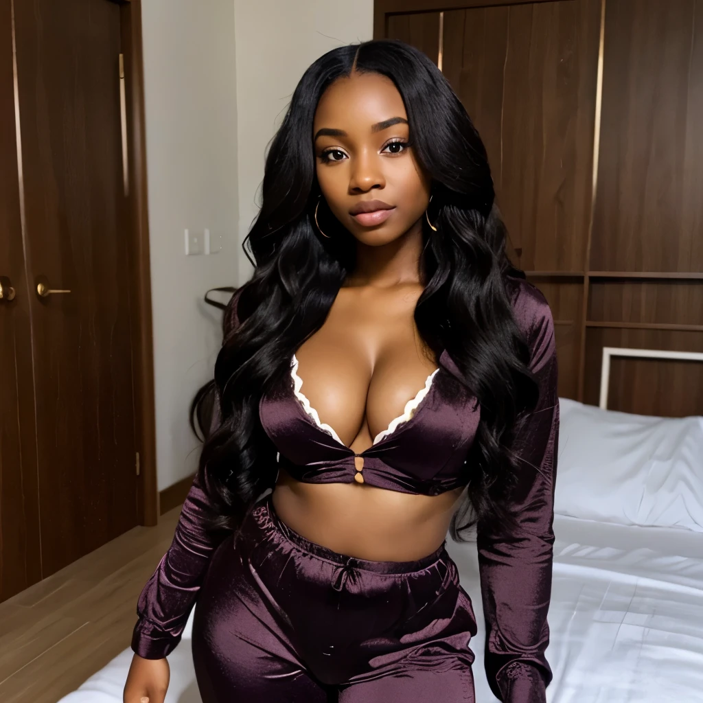 african girl, black ethnicity, wearing pijamas y woman outfit, long wavy hair, thick girl,