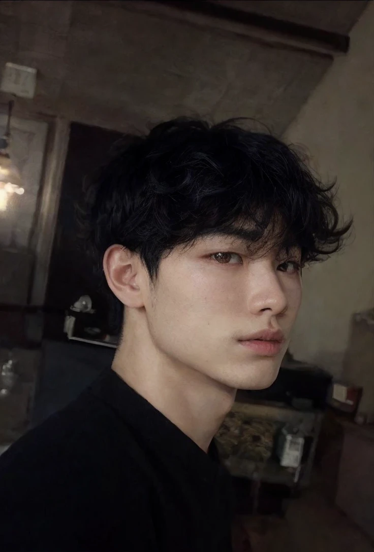 Asian boy, with curly, dark 