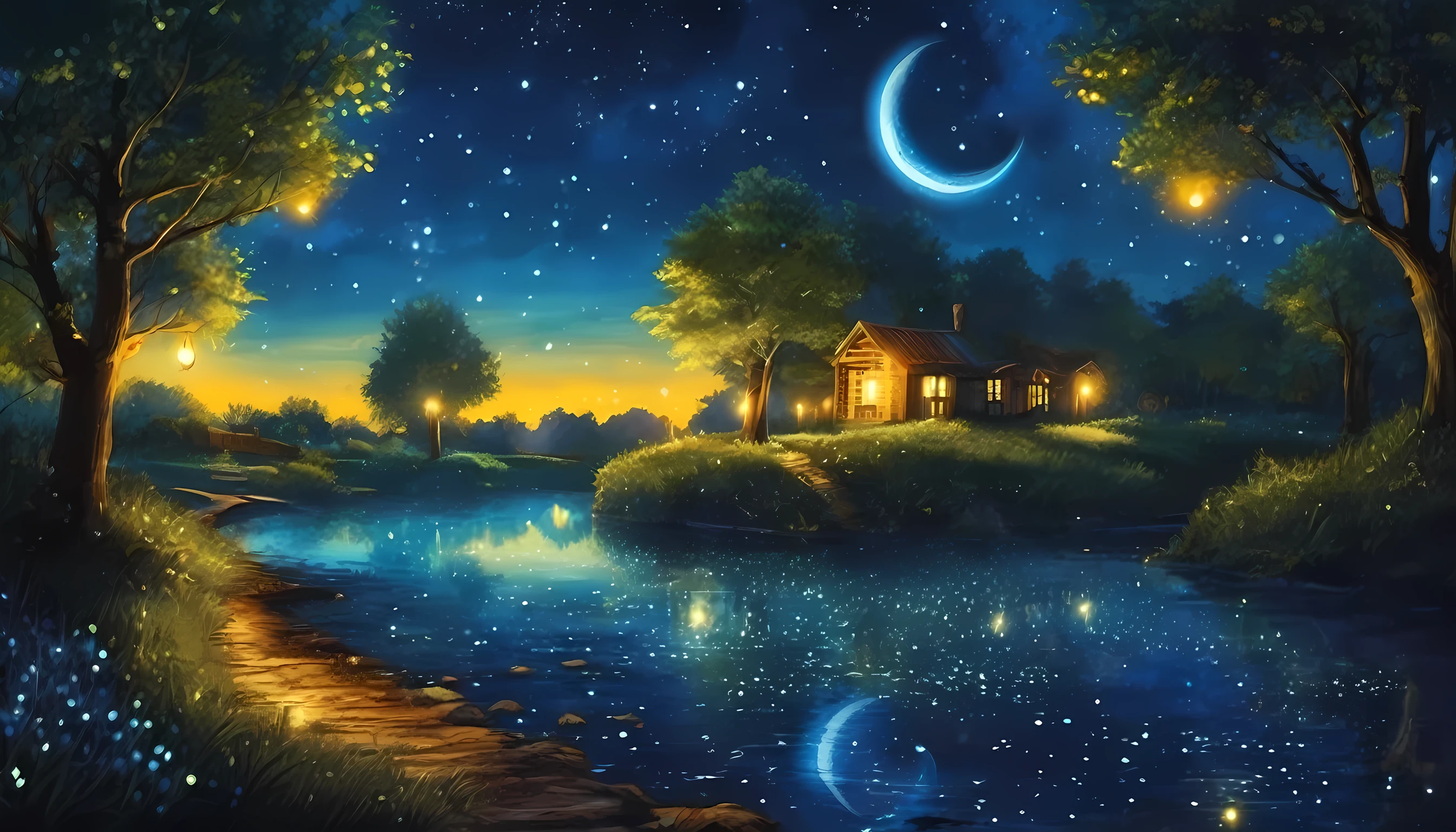 At night, countless fireflies fly around, another world, Fantastic World, Night illuminated by a blue moonlit night, Best image quality.