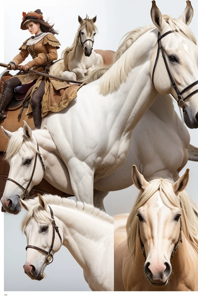 a mare and a horse, various poses and expressions on white background, book illustration style , simples, fofo, cores, cavalo marrom, White mare