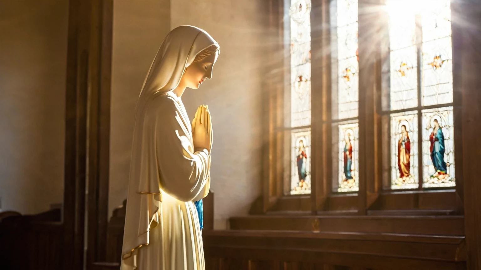Virgin Mary in church,prayer,There is sunshine by the window
