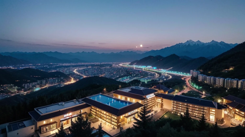 Night view of mountain resort and resort hotel。I can see the moon