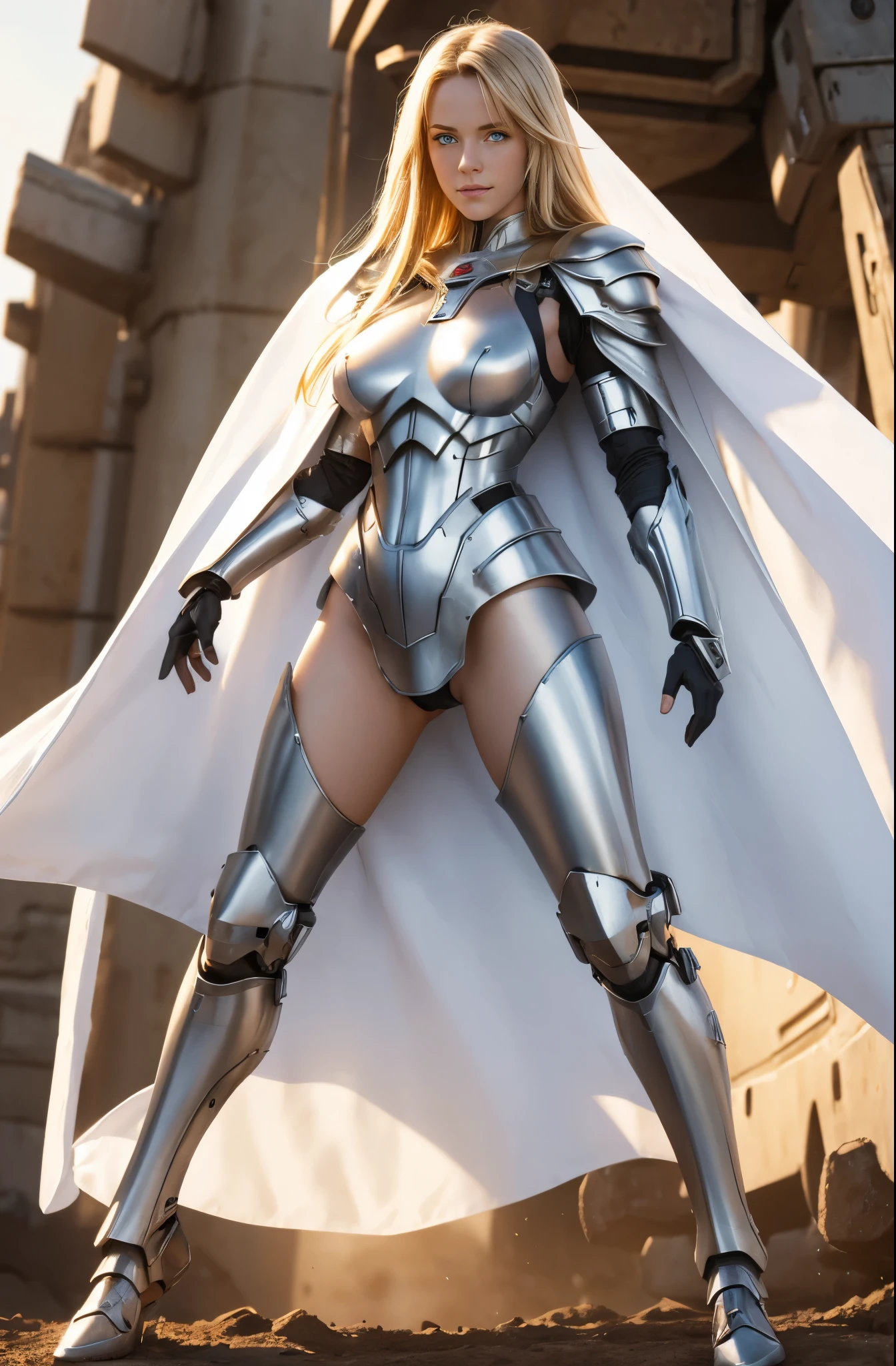 young German woman type cyborg, ((full body)), ((nude)), blond, blue eyes, heavily armored in white color to fight the enemy with a long cape, beautiful chest, standing in the battle field, with her legs spread apart, zoom in from front below