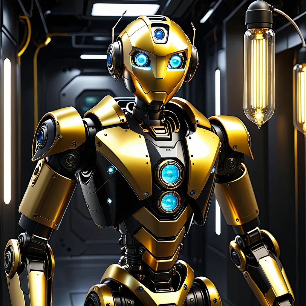 20 robot emas berkumpul di ruangan futuristic bernuansa gelap, terdapat lampu gantung berwarna emas dan hitam di atas