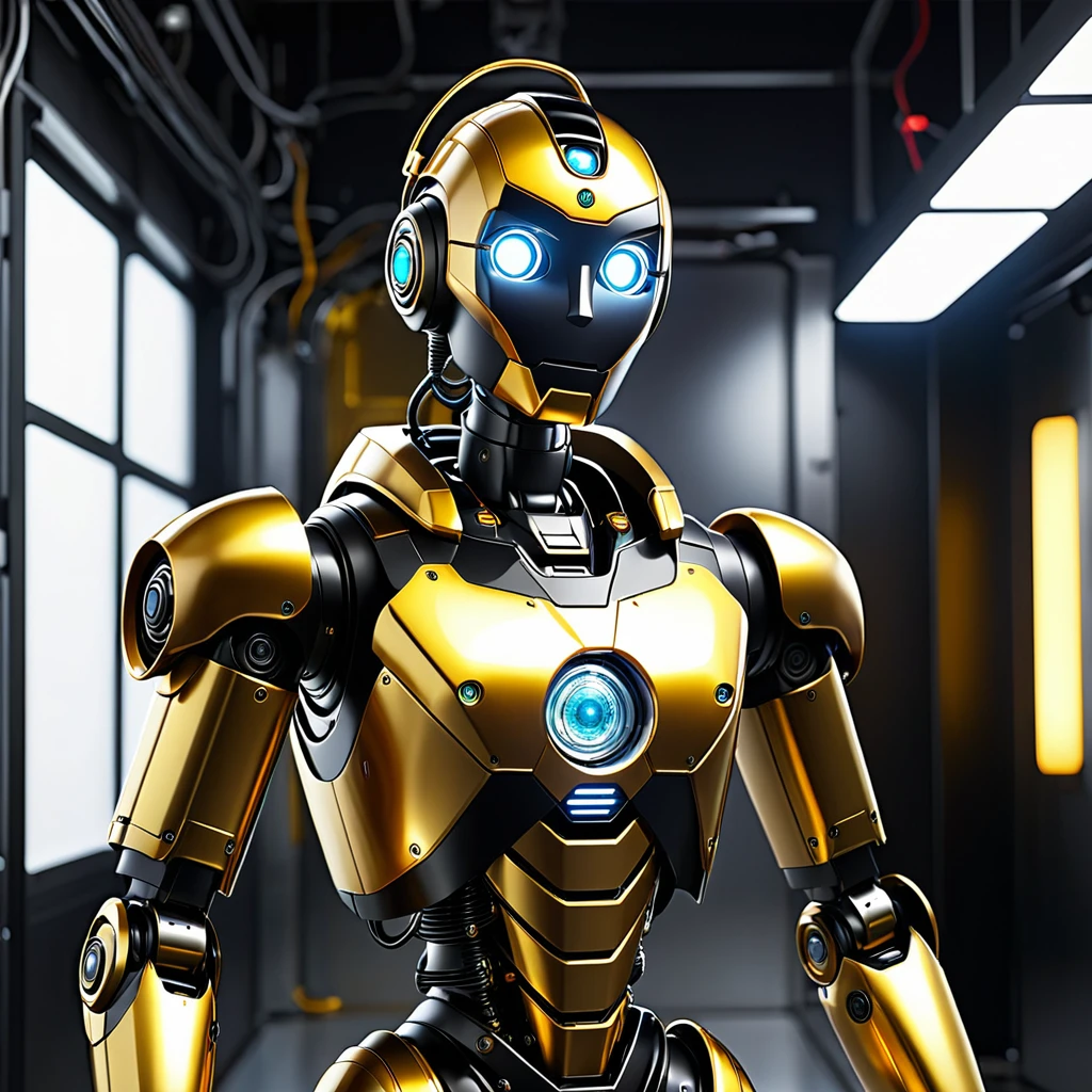 20 robot emas berkumpul di ruangan futuristic bernuansa gelap, terdapat lampu gantung berwarna emas dan hitam di atas