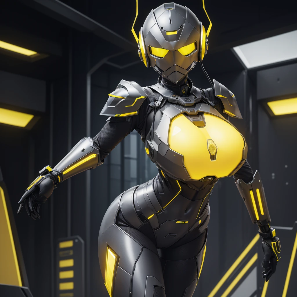 (masterpiece), (best quality), (high res) Solo, (perfect anatomy) Dronificated unknown woman , (enclosed gray full body armor) (yellow lights) (yellow glowing core in the chest), (enclosed cyber helmet), (yellow screen), huge breast, narrow waist, wide hips and thick thigs, , (no face) no face, no hair, no mouth, no eyes, in a factory, exposed chest