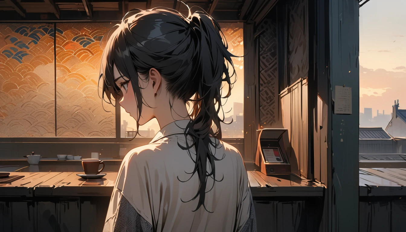 (((from behind))), (((whole body))), (((Rooftop))), ((8k of extremely detailed CG unit, Masterpiece, high resolution, highest quality, highest quality real texture skin)), (((indirect lighting))),  (((Cafe with a calm atmosphere))), (((Japanese pattern wall))), ((1 girl)), (Japanese pattern Tシャツ, denim), (Black hair, messy hair, beige skin), (Surreal, digital painting)