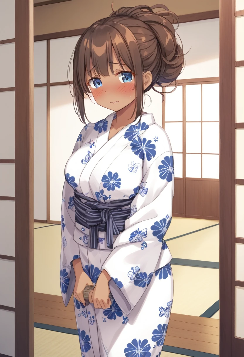 Cute beautiful girl、、naked、(Blushing and orgasm:1.5)、Embarrassed、Brown skin、Open yukata、Beautiful breasts,Tied up hair