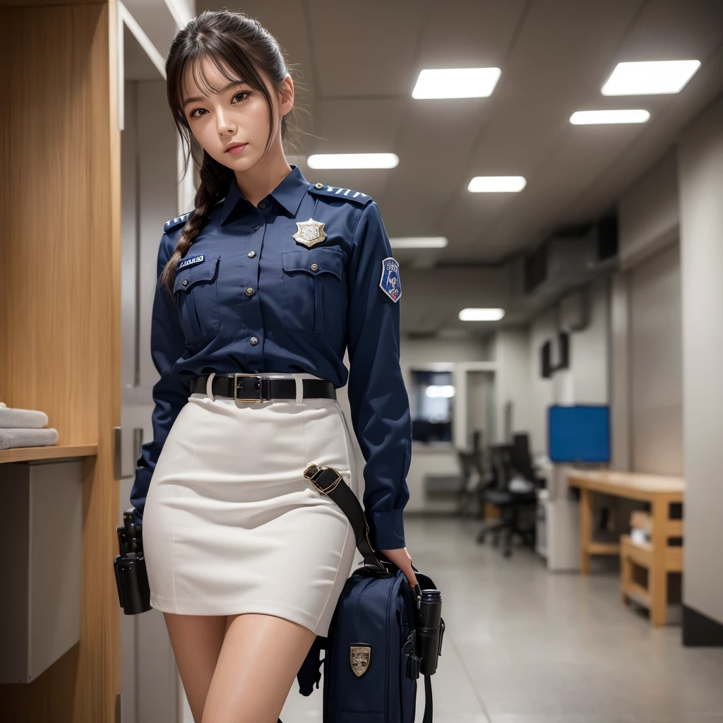 ((Highest quality, 8k, masterpiece :1.3)), whole body, Sharp focus :1.2, Beautiful woman with perfect figure :1.4, , Highly detailed face and skin texture, Fine grain, Police Uniforms, police,Police Officer Wear , Indoor scene, office,japanese girl, jaanese idol,