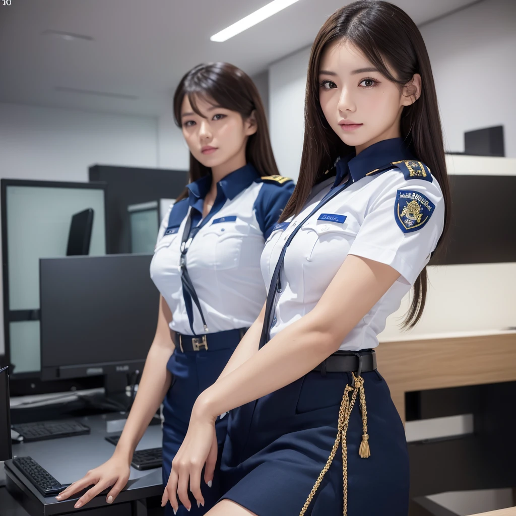 deux femmes ensemble de 18 ans sexy et mince , short sleeve police uniform, salle de classe, se touche,position sey,sensuel