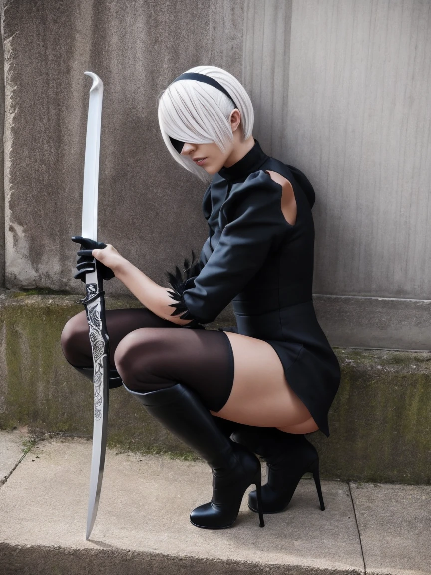 (crouched), 2B, 1girl, solo, short hair, thighhighs, gloves, long sleeves, dress, holding, cleavage, medium breasts, standing, full body, weapon, white hair, hairband, boots, puffy sleeves, sword, black thighhighs, black footwear, holding weapon, mole, black dress, high heels, leotard, clothing cutout, thigh boots, holding sword, cleavage cutout, katana, black hairband, juliet sleeves, high heel boots, blindfold, covered eyes, black blindfold, feather-trimmed sleeves, masterpiece, 