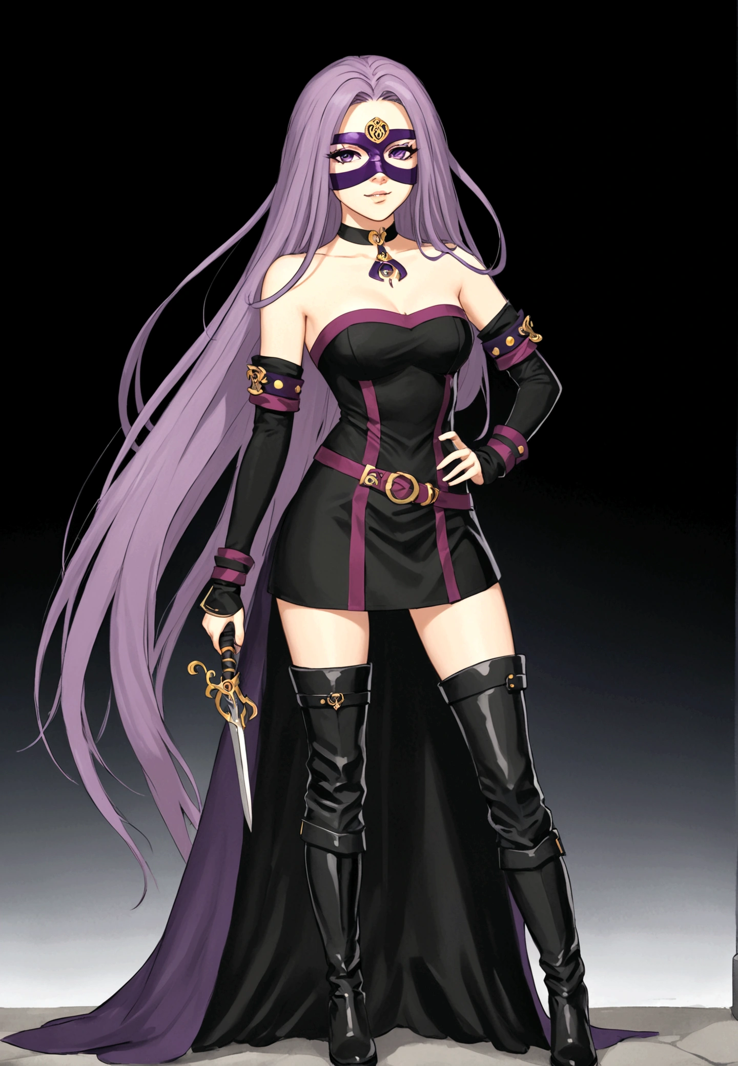 1girl,Purple Hair,Forehead Mark，Purple eye mask，Collar，purple and black clothes，boots，Long hair，Strapless，Strapless连衣裙，thigh boots，breast，Medusa \ (destiny \)，Medusa \ (knight \) \ (destiny \)，solo，Simple background