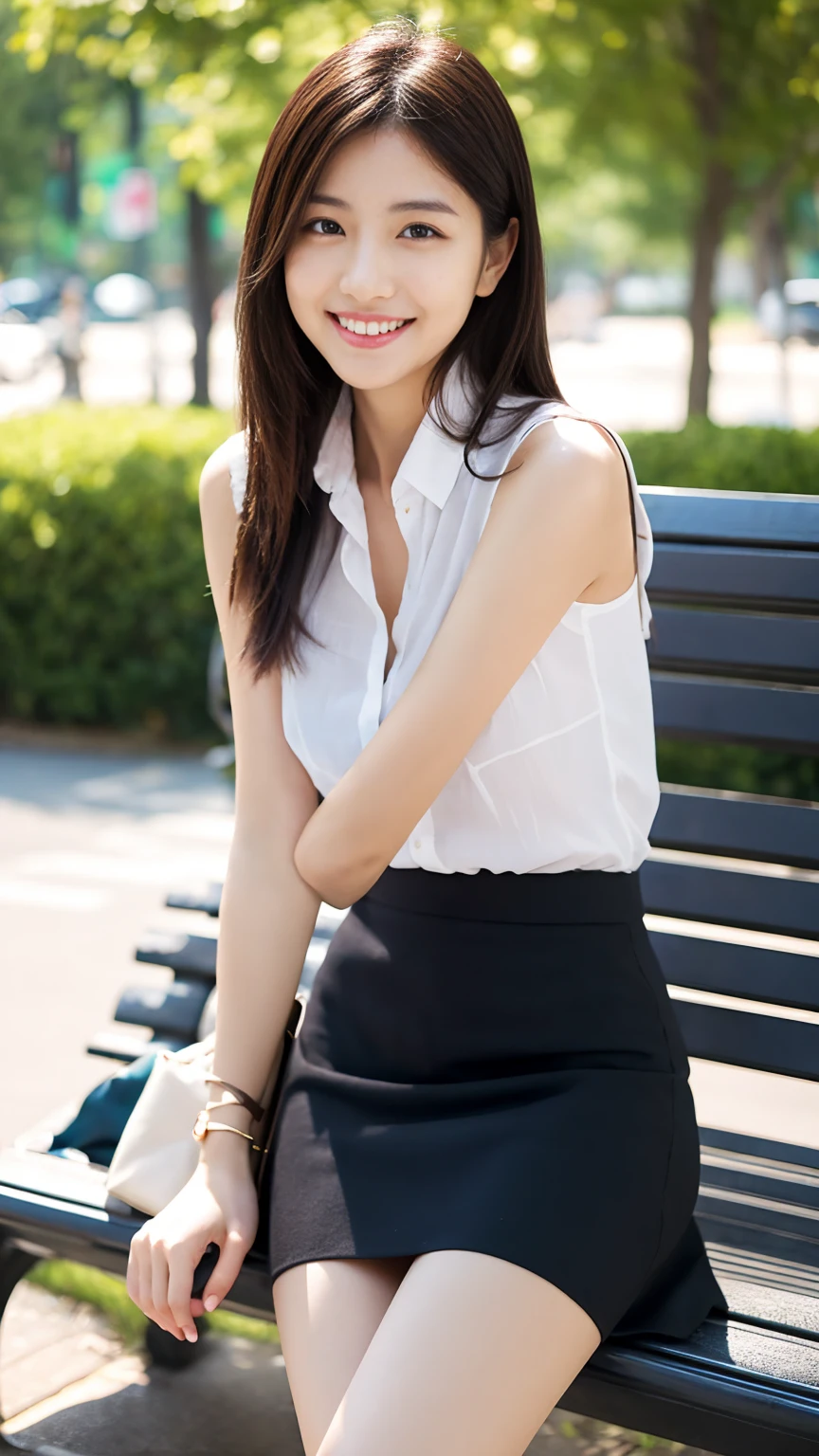 Japanese office lady、Sleeveless Shirt、lunch、sitting on a park bench、smile、Tight mini skirt、masterpiece,best quality,ultra detailed,highres,high-resolution,4k,realistic,RAW photo,((real person)),portrait photography,photorealistic,detailed skin,(delicate black eyes ), A soothing woman with sagging eyes,Calm and calm, middle hair,skinny,clothing,The wind is blowing,tareme、Beautiful legs、Small shirt、Panty shot、((Knees are higher than hips))、White shorts、Bend your knees、Knee Up