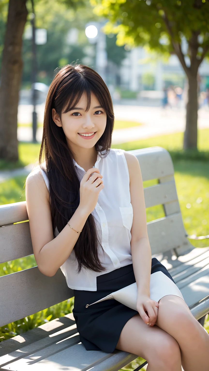 Japanese office lady、Sleeveless Shirt、lunch、sitting on a park bench、smile、Tight mini skirt、masterpiece,best quality,ultra detailed,highres,high-resolution,4k,realistic,RAW photo,((real person)),portrait photography,photorealistic,detailed skin,(delicate black eyes ), A soothing woman with sagging eyes,Calm and calm, middle hair,skinny,clothing,The wind is blowing,tareme、Beautiful legs、Small shirt、Panty shot、Knees together