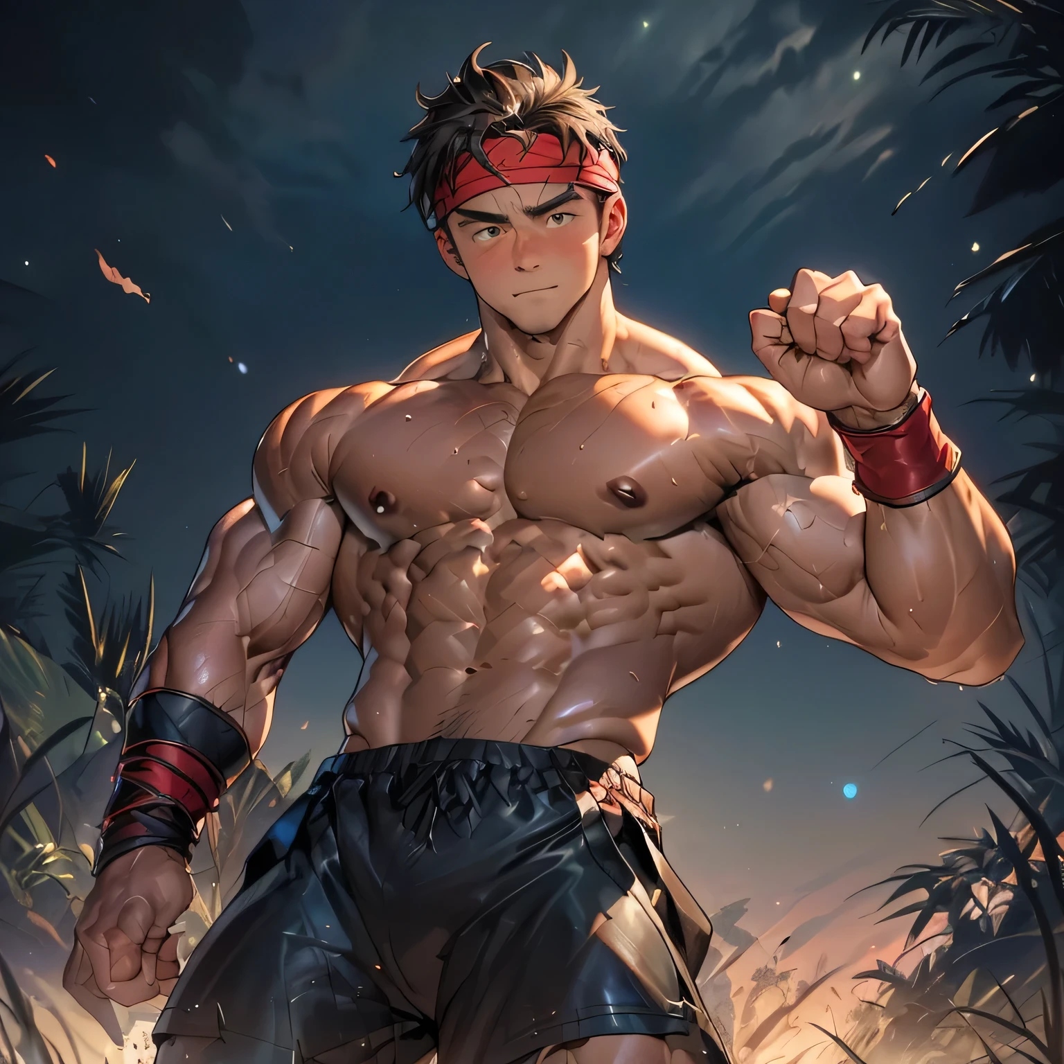 (Masterpiece, Best quality 19 year old boy, black background, cowboy shot, looking away), solo, Young, boy, muscler, Shirtless, topless, (Dark Short straight hair, under cut, brown eyes), (red headband, ((leather fingerless grobe, black wristband))), (((trapezoid torso, beefy body, defined round beefy pectorals, defined washboard abs))), Vivid colors, muscler!, muscler, muscler body, detailed face, detailed muscle, (((A magical mystical glowing aura, cosmic power glowing and flourishing, rippling muscles, fighting pose, struggle, combats)))