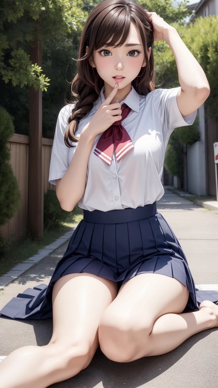 8K quality、High resolution、Realistic skin texture、High resolutionの瞳、A woman with a mature appearance、Japanese summer high school girls uniform、Princess Hair、thin、Realistic Female Genitalia、Small breasts、Realistic tongue、Small breastsの谷間、Brown Hair、thin脚、Sweating profusely、Sweat accumulates in the chest、Evening schoolyard、Bare feet、Full body photography、Wet clothes、Leak a lot