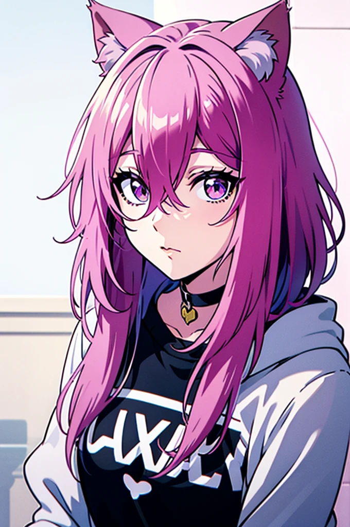 cel shading, detailed eyes, best quality, highly detailed, masterpiece, best quality, hair between eyes, medium hair, pink hair, choker, solo male, cat ears, oversized hoodie, poofy hair